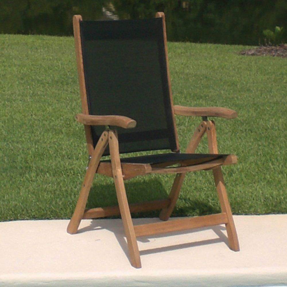 Teak sling chair with black fabric seat and back, contoured armrests and tapered legs.