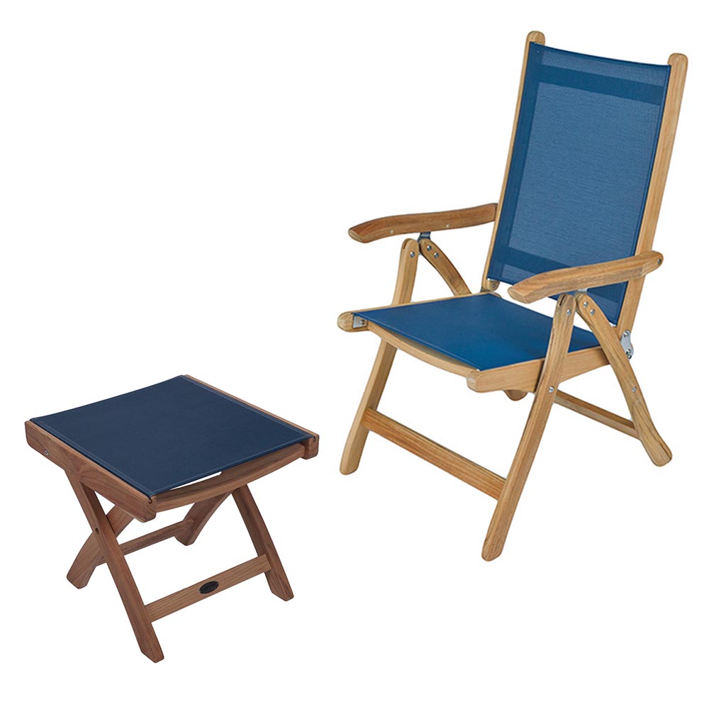 Navy sling chair with footrest, teak frame and padded fabric seat and back