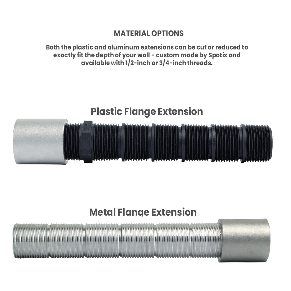 Adjustable flange extension material options, plastic and metal threaded extensions