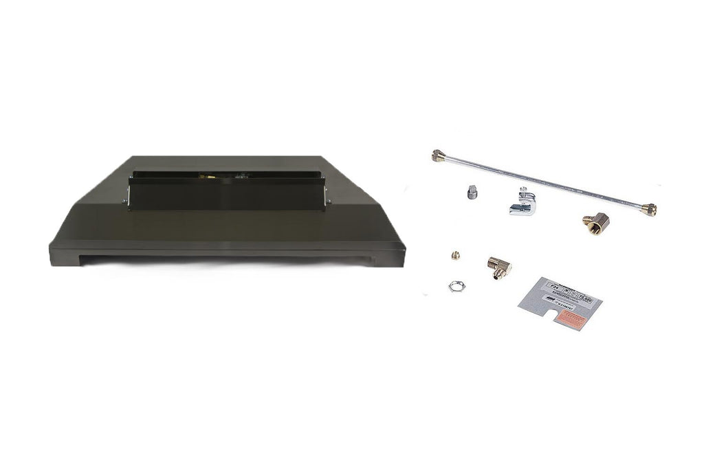 Vented fireplace burner base with metal mounting hardware and gas fittings, dark gray
