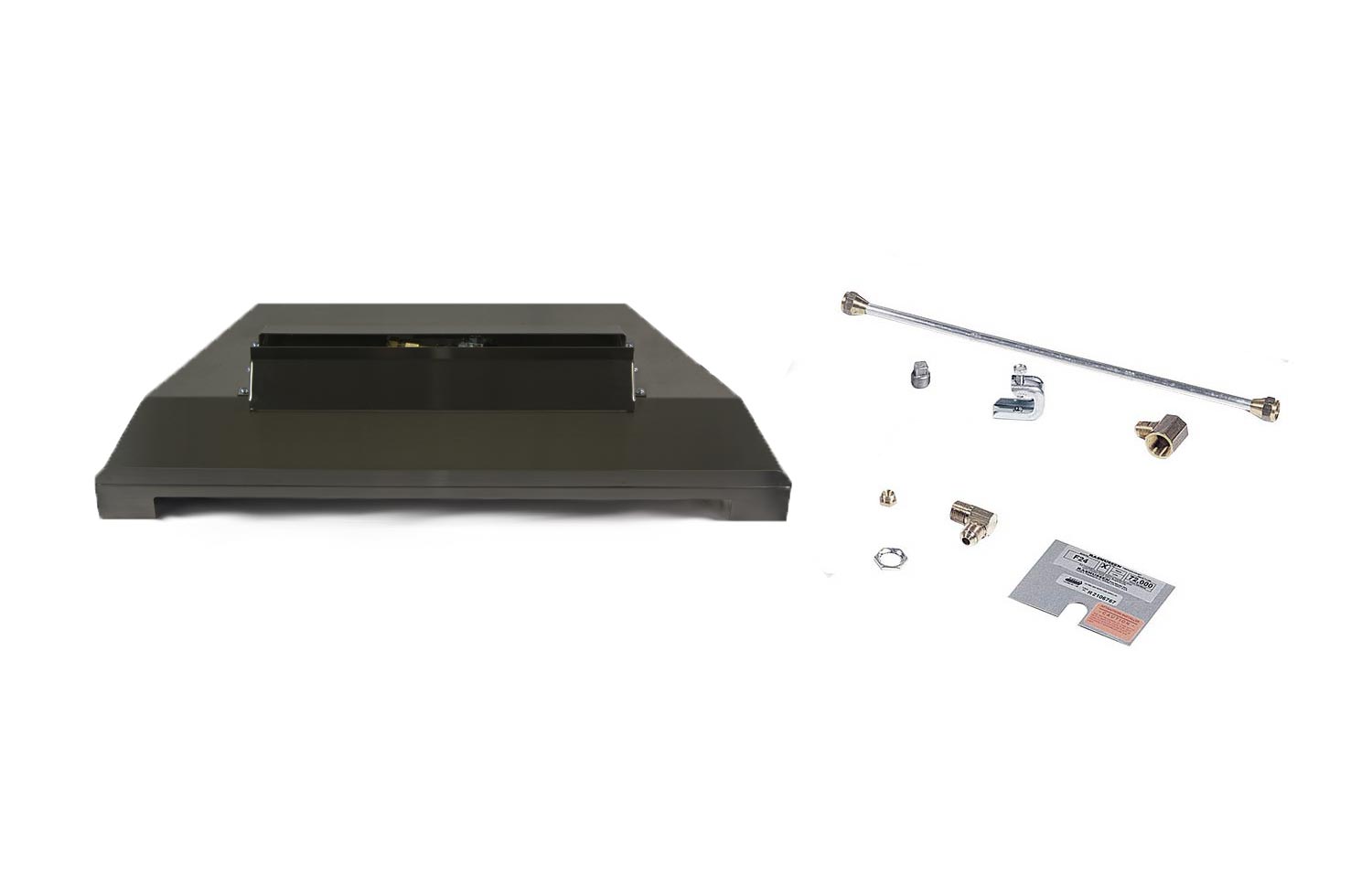 Vented fireplace burner base with metal mounting hardware and gas fittings, dark gray