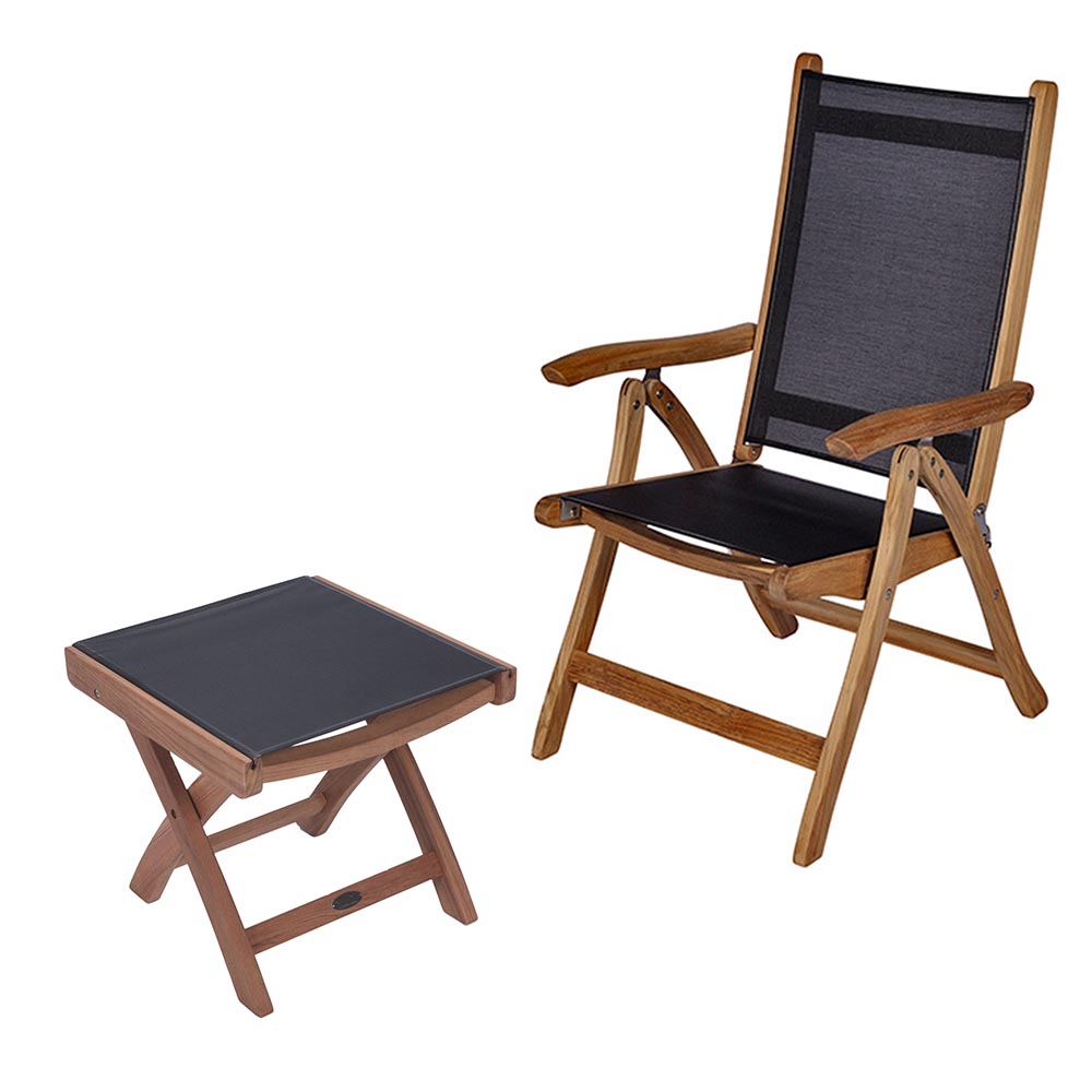 Black sling chair with footrest, teak frame with padded seat and back