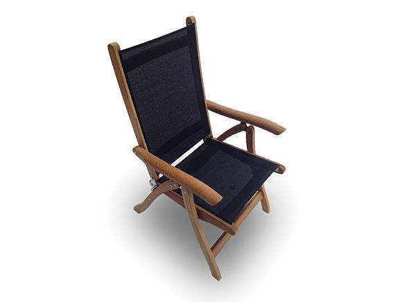 Teak sling chair with dark fabric seat and back, curved armrests and angled legs.