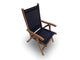Teak sling chair with dark fabric seat and back, curved armrests and angled legs.