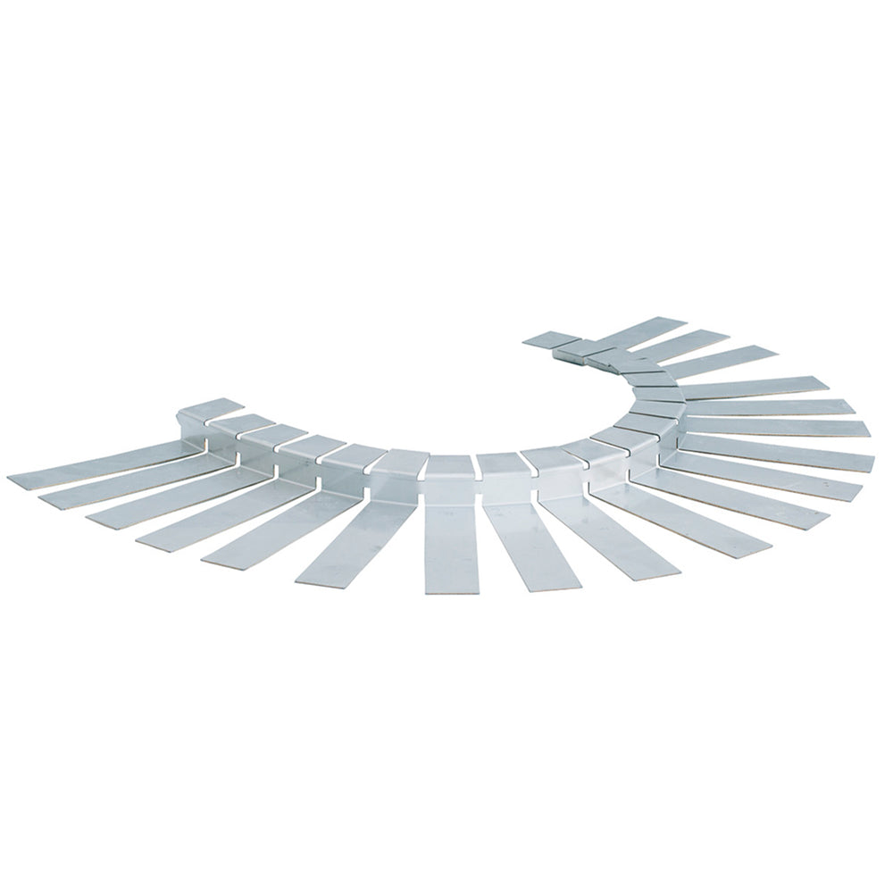 Flexible stainless installation collar with curved segmented metal bands, open ring.