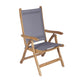 Teak sling chair with light gray fabric seat and back, curved armrests and sturdy slatted frame.