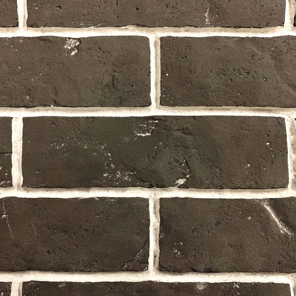 Stacked ceramic liner tiles with dark charcoal brick pattern and white grout lines