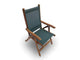 Teak sling chair with gray-green fabric seat and back, curved armrests and angled legs.