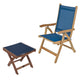 Navy sling chair with footrest, teak frame and padded fabric seat and back
