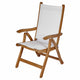 Teak sling chair with white fabric seat and backrest and curved wooden armrests