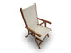 Teak sling chair with light fabric seat and back, curved armrests and angled wooden legs.