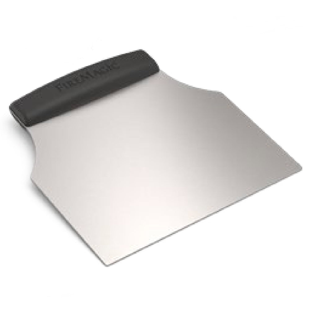Fire Magic stainless steel griddle scraper with black handle and curved blade