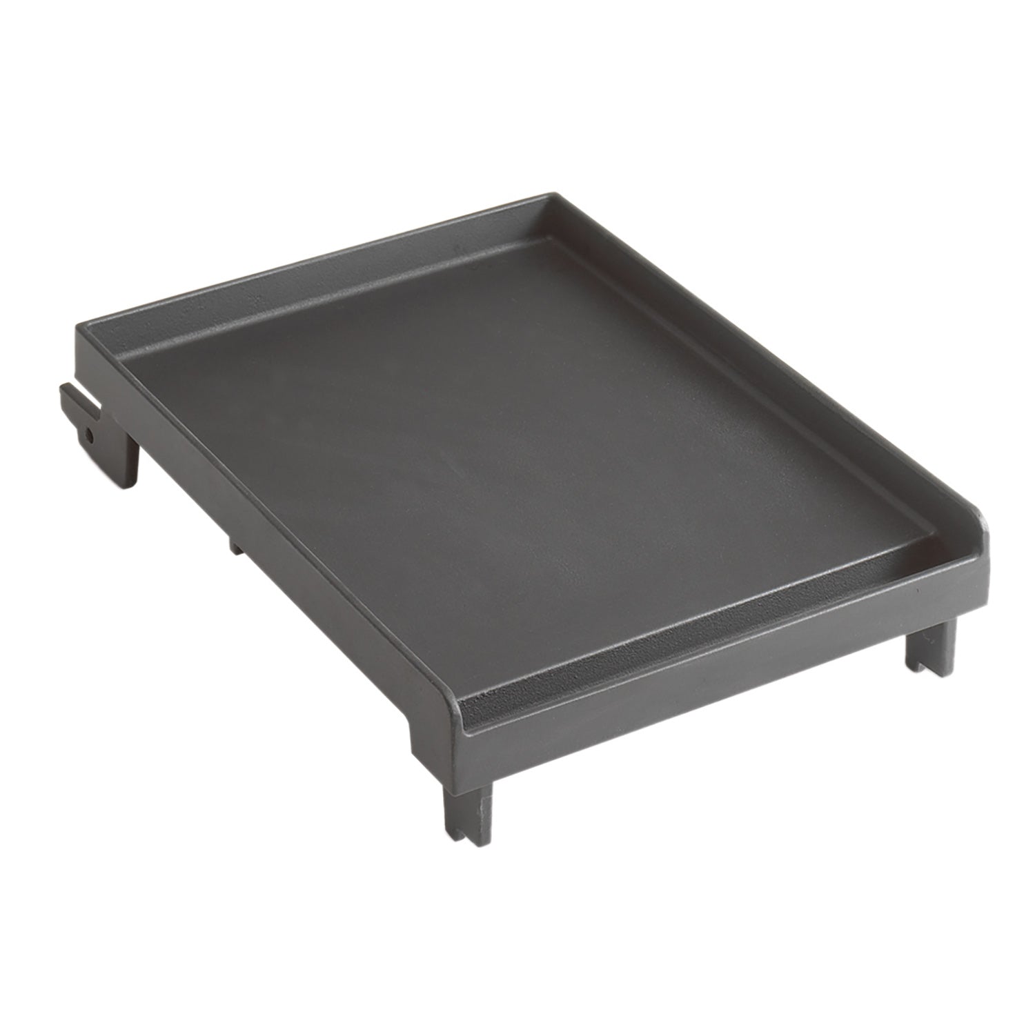 Cast iron griddle pan with dark porcelain enamel, rectangular, with side handles and feet