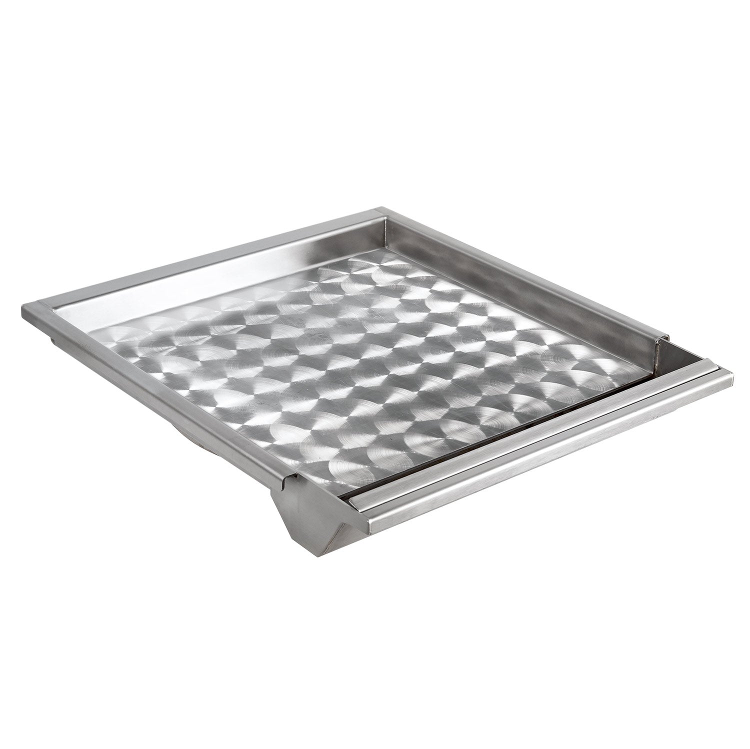 Stainless steel griddle tray with diamond-pattern surface and raised edges