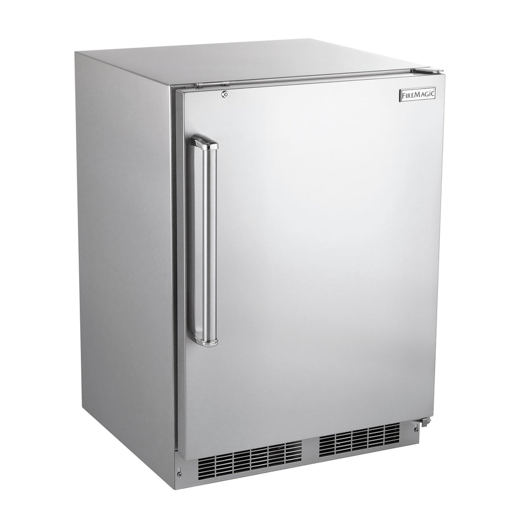 Outdoor-rated refrigerator with stainless door and vertical handle, vent grille at bottom