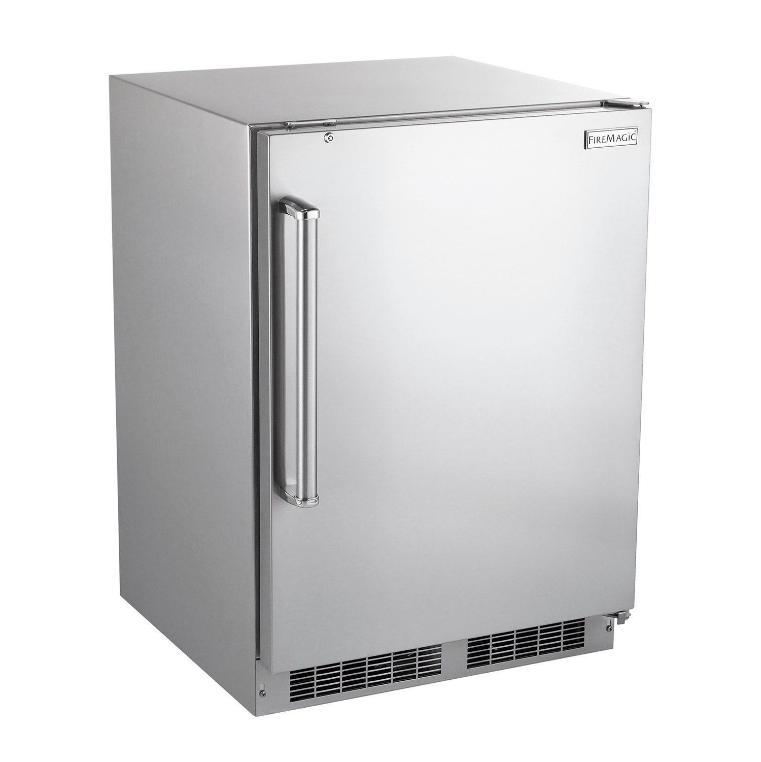 Outdoor-rated refrigerator with stainless door and vertical handle, vent grille at bottom
