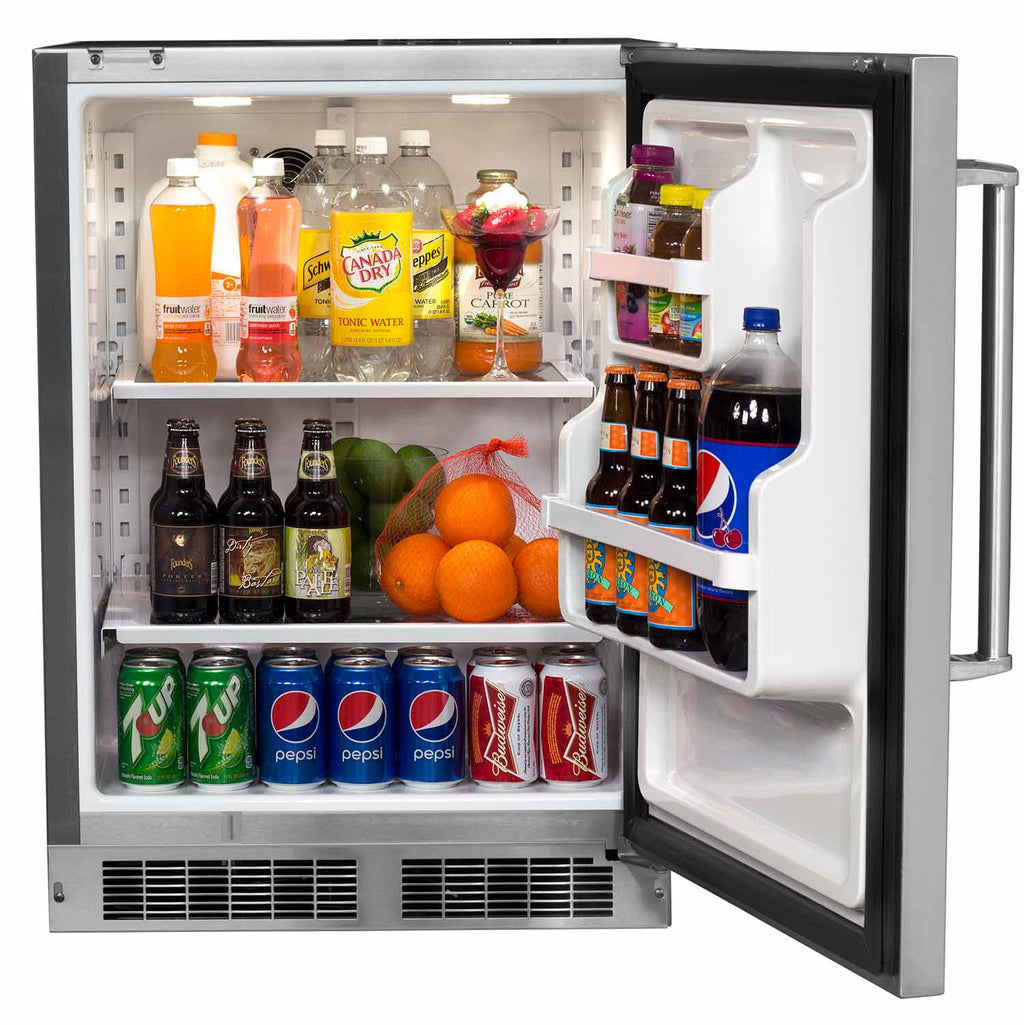 Outdoor-rated refrigerator interior with shelves and door bins, stocked drinks and jars