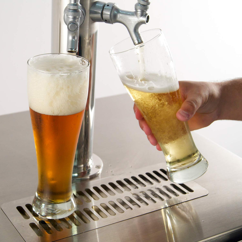 Kegerator draft tap pouring beer into two clear glasses on stainless drip tray
