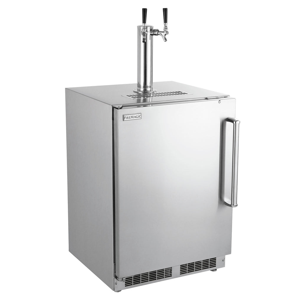 Stainless steel outdoor-rated kegerator with dual draft taps and side handle