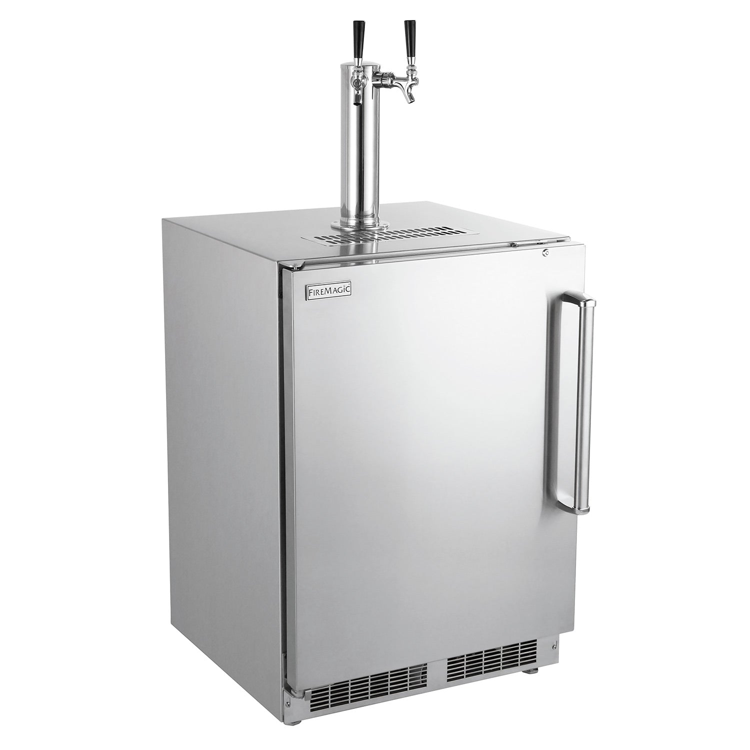 Stainless steel outdoor-rated kegerator with dual draft taps and side handle