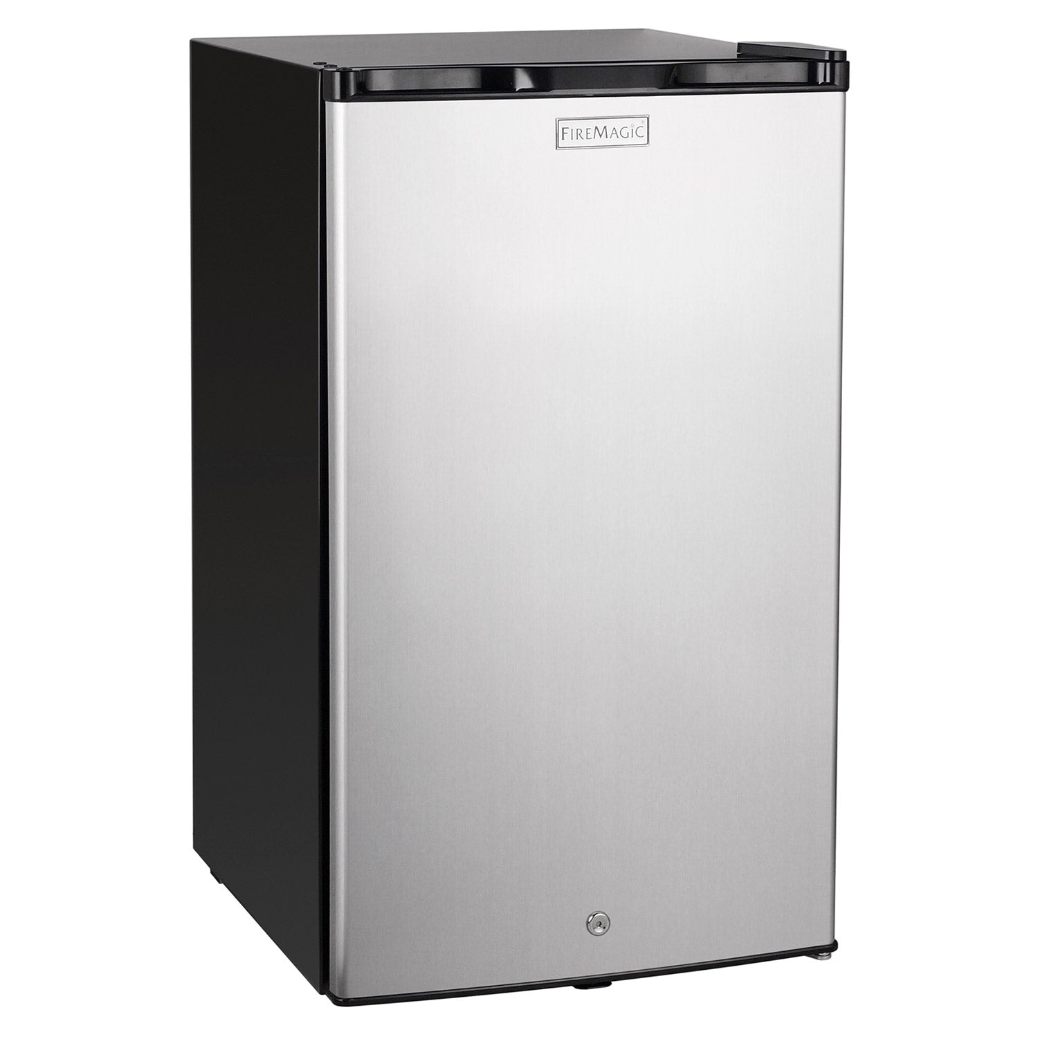 Outdoor refrigerator with stainless door and black cabinet, front view with handle