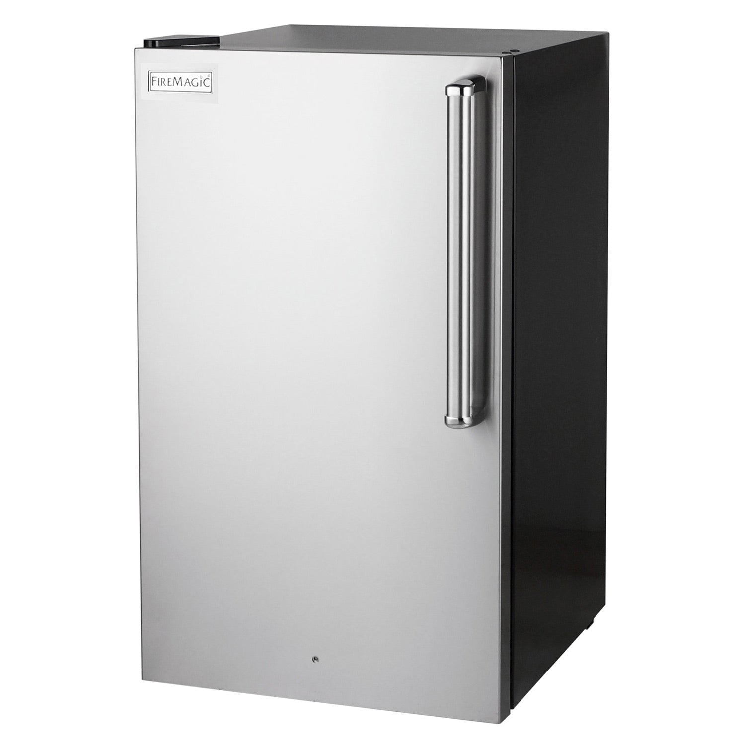 Outdoor refrigerator side view with stainless door, vertical recessed handle, black trim
