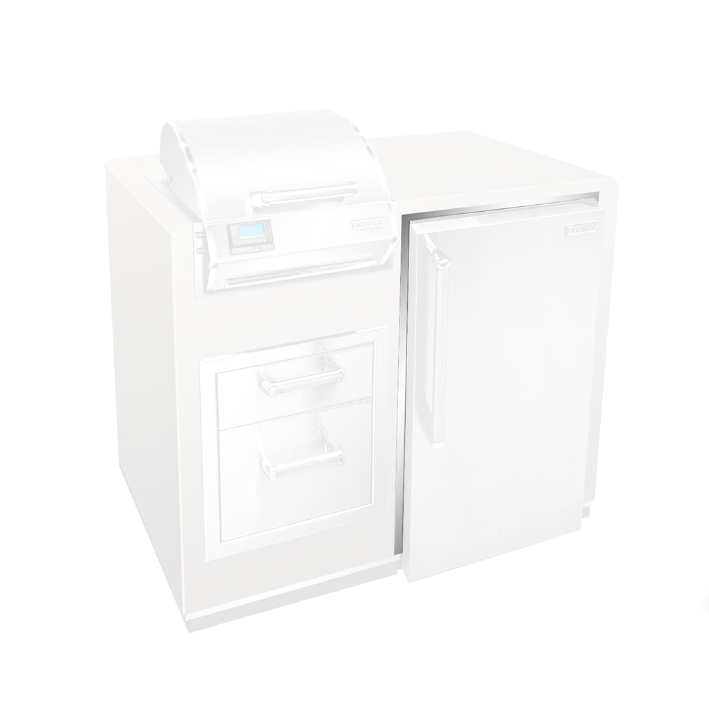 Fire Magic outdoor kegerator trim kit installed on white cabinet with door
