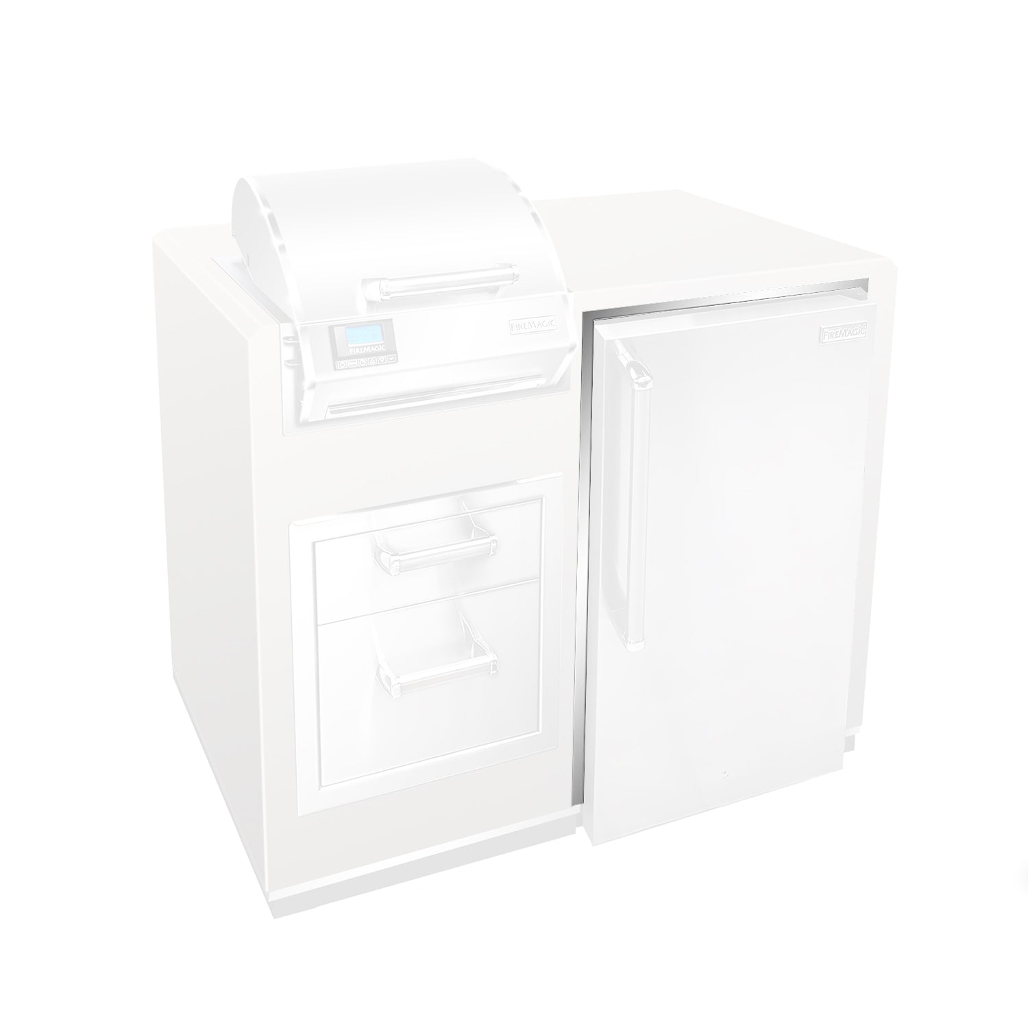 Fire Magic outdoor kegerator trim kit installed on white cabinet with door