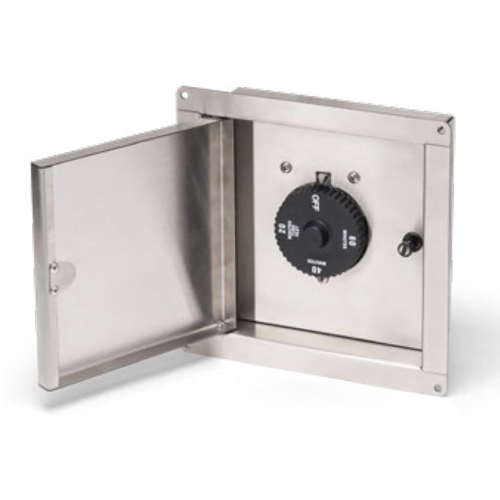 Stainless gas timer box with open door and black 3-hour dial control