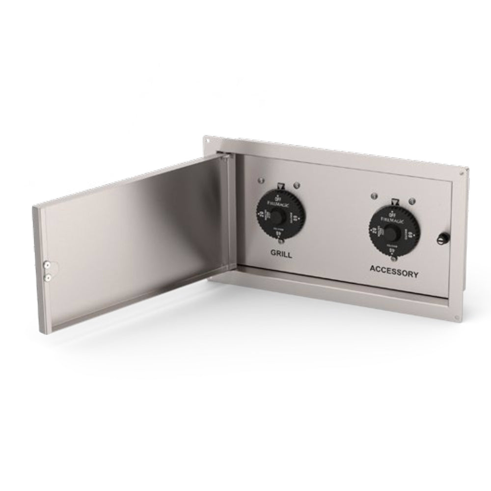 Fire Magic double gas timer box with open lid and control knobs