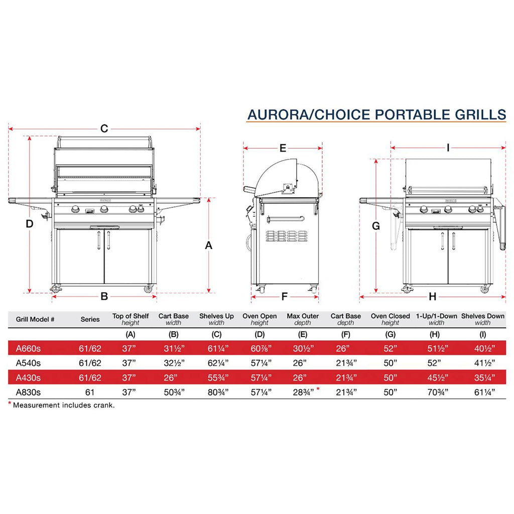 Dimension diagram for portable gas grill, front and side measurements