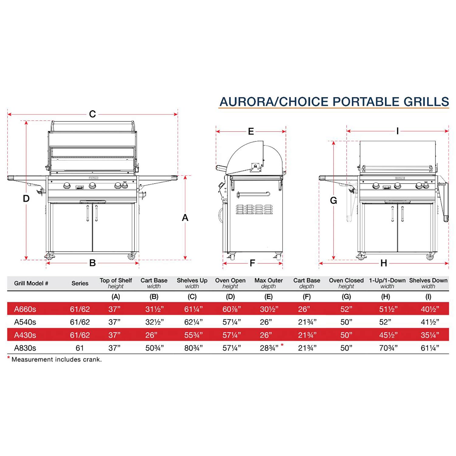 Dimension diagram for portable gas grill, front and side measurements