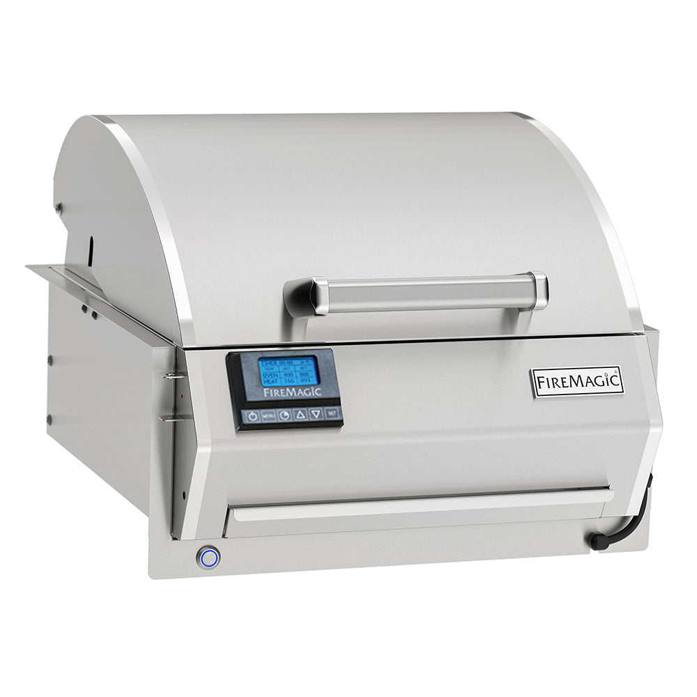 Fire Magic built-in electric grill with front control panel and swing lid, stainless