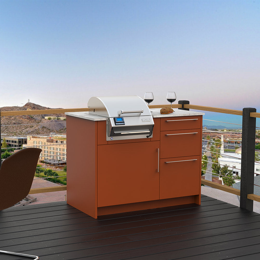 Built-in electric grill with stainless hood and front display on outdoor cabinet