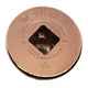 Globe valve floor plate in copper finish with square center opening, on/off arrows, and listed mark