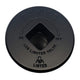 Globe valve floor plate in flat black finish with square center opening, on/off arrows, and listed mark