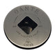 Globe valve floor plate in silver finish with square center opening, on/off arrows, and listed mark