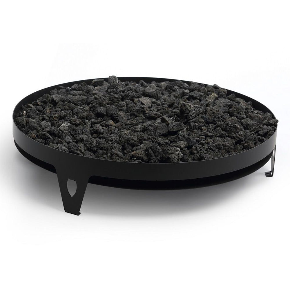 Round gas fire pit burner with black base and lava rock bed, no flame
