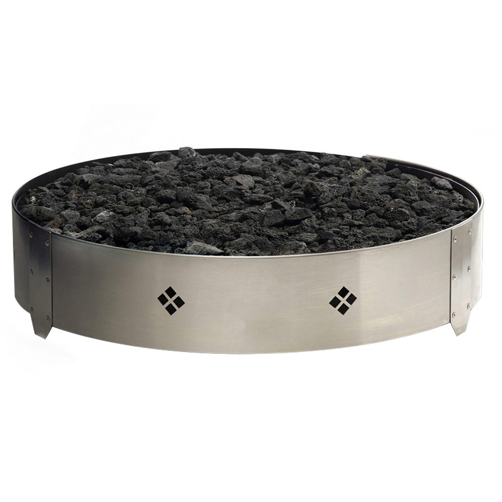 Round gas fire pit burner with stainless base and lava rock bed, no flame