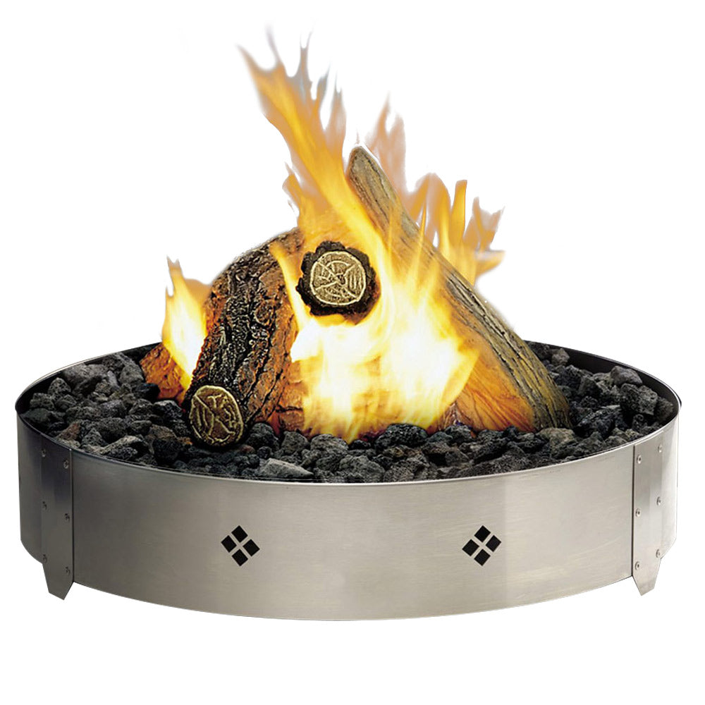 Round gas fire pit burner with stainless base, flame and log fuel over lava rocks