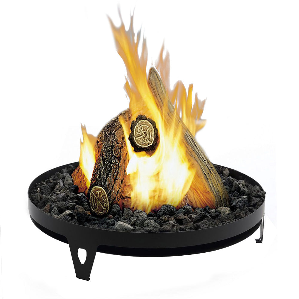Round gas fire pit burner with flame and stacked log fuel over lava rocks