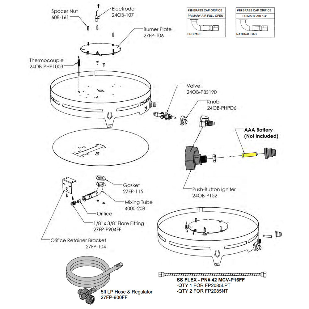 Gas fire pit burner kit parts diagram with labeled components and accessories