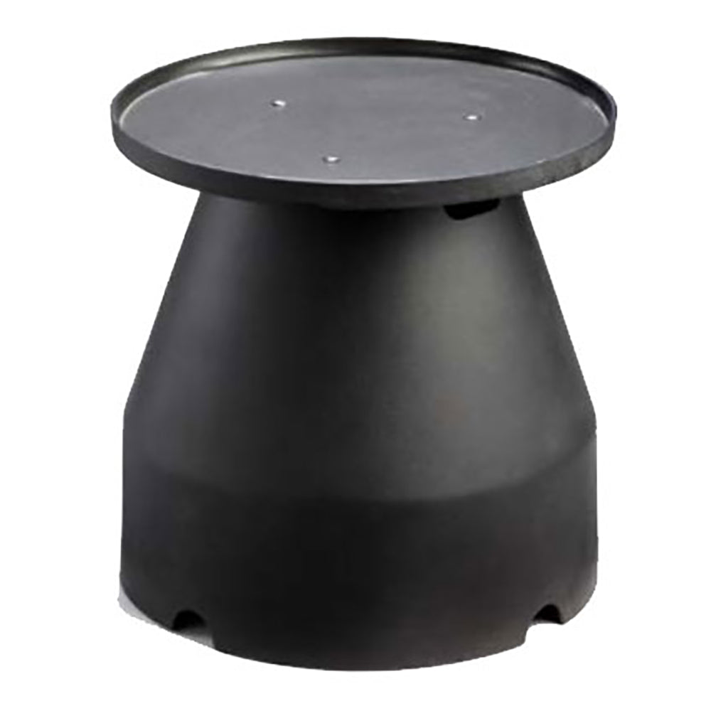 Round black tabletop cover for fire pit with flat circular top and side cutouts