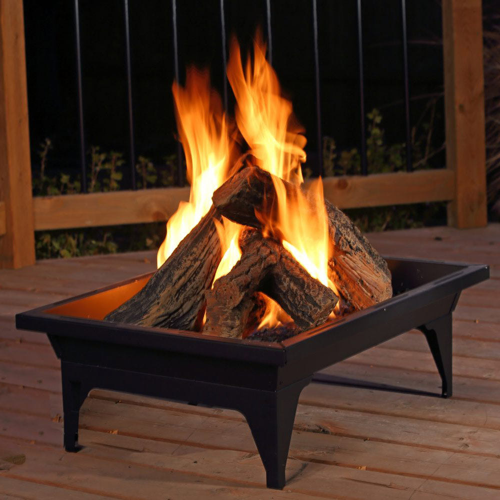 Rectangular propane fire pit burner with burning logs in dark steel base