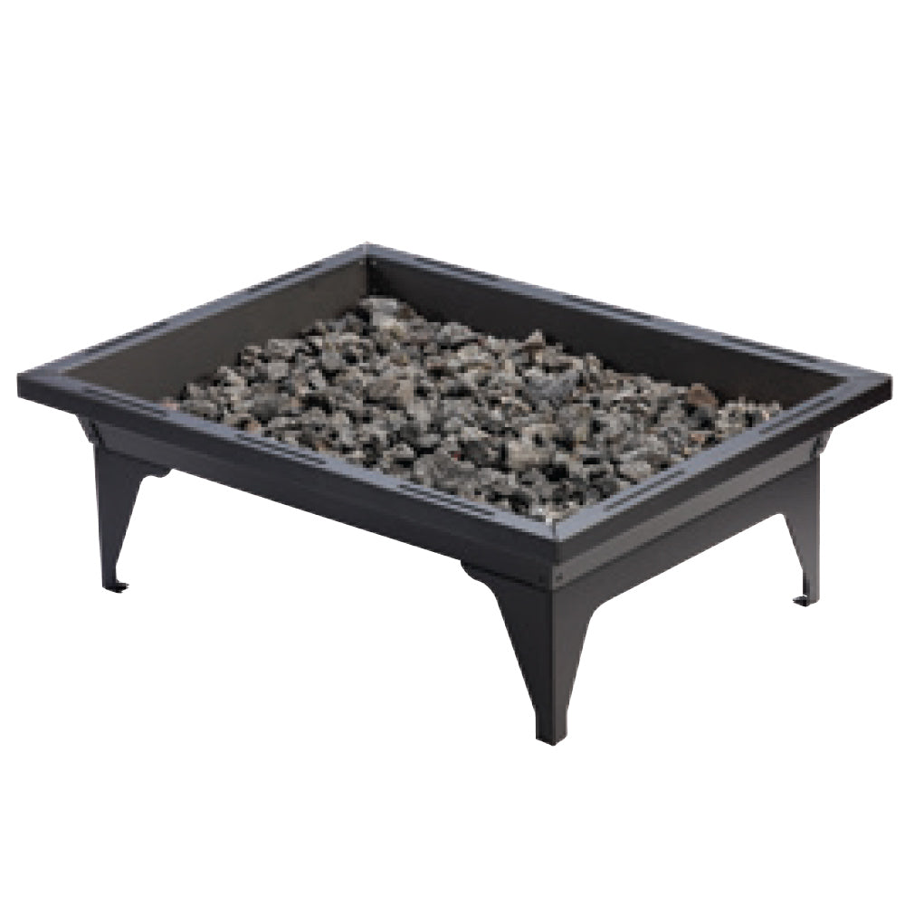 Rectangular propane fire pit filled with lava rocks in dark metal base