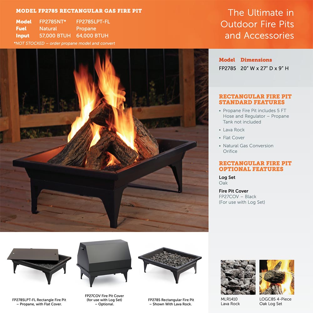 Rectangular propane fire pit with burning logs and push-button ignition