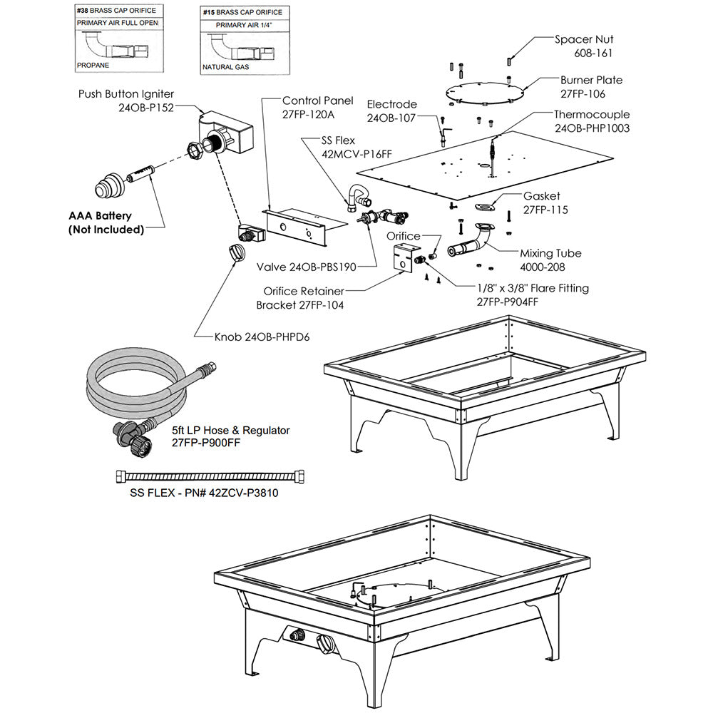 Propane fire pit burner kit parts diagram with push-button ignition and electrode
