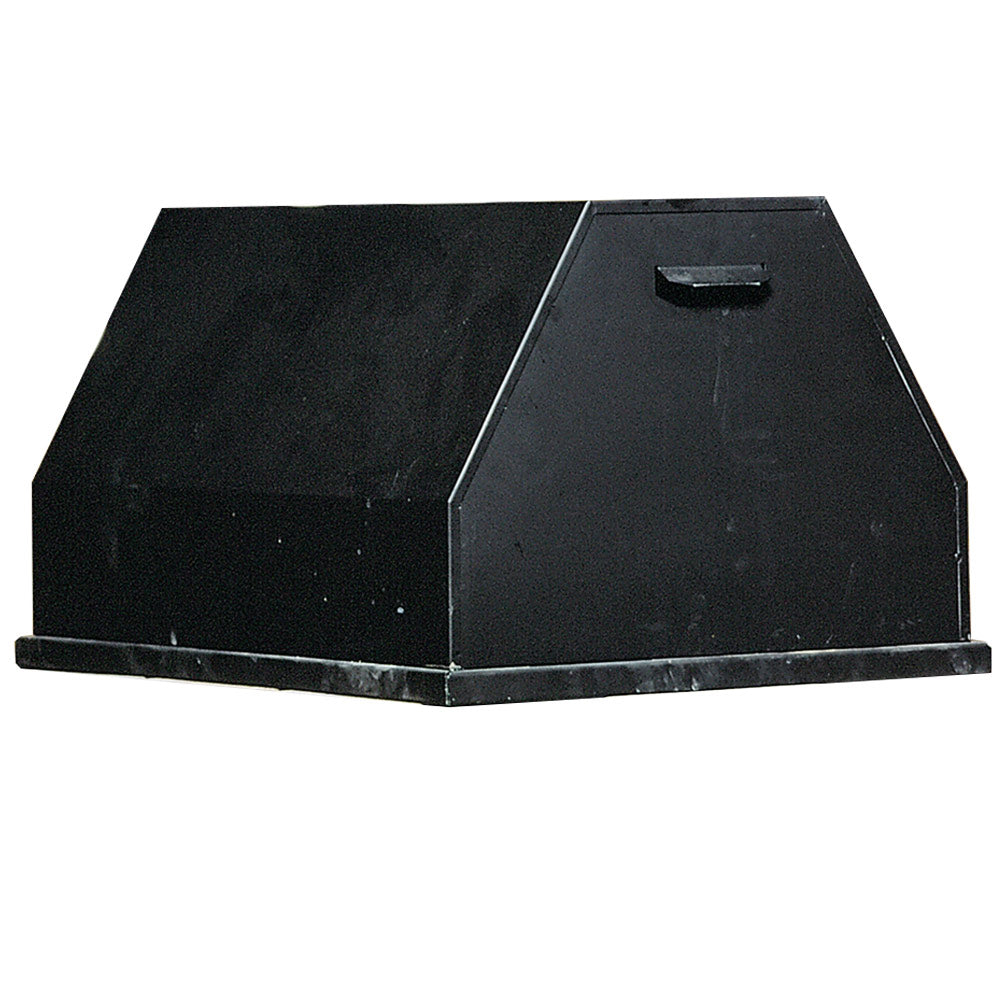 Rectangular black fire pit cover with slanted lid and side handle cutout