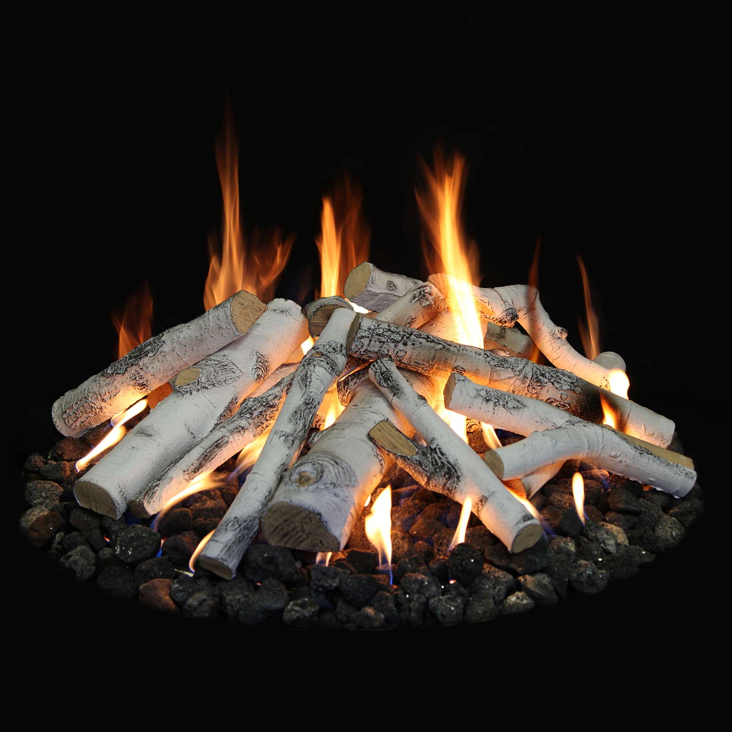 Fire pit log set with gray birch-style logs and open flames