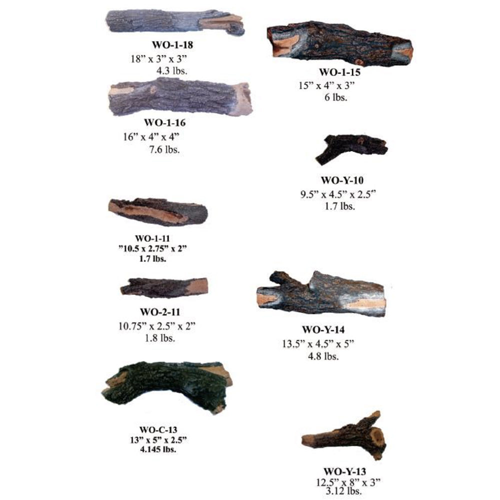 Weathered oak fire pit log pieces with size and weight measurements